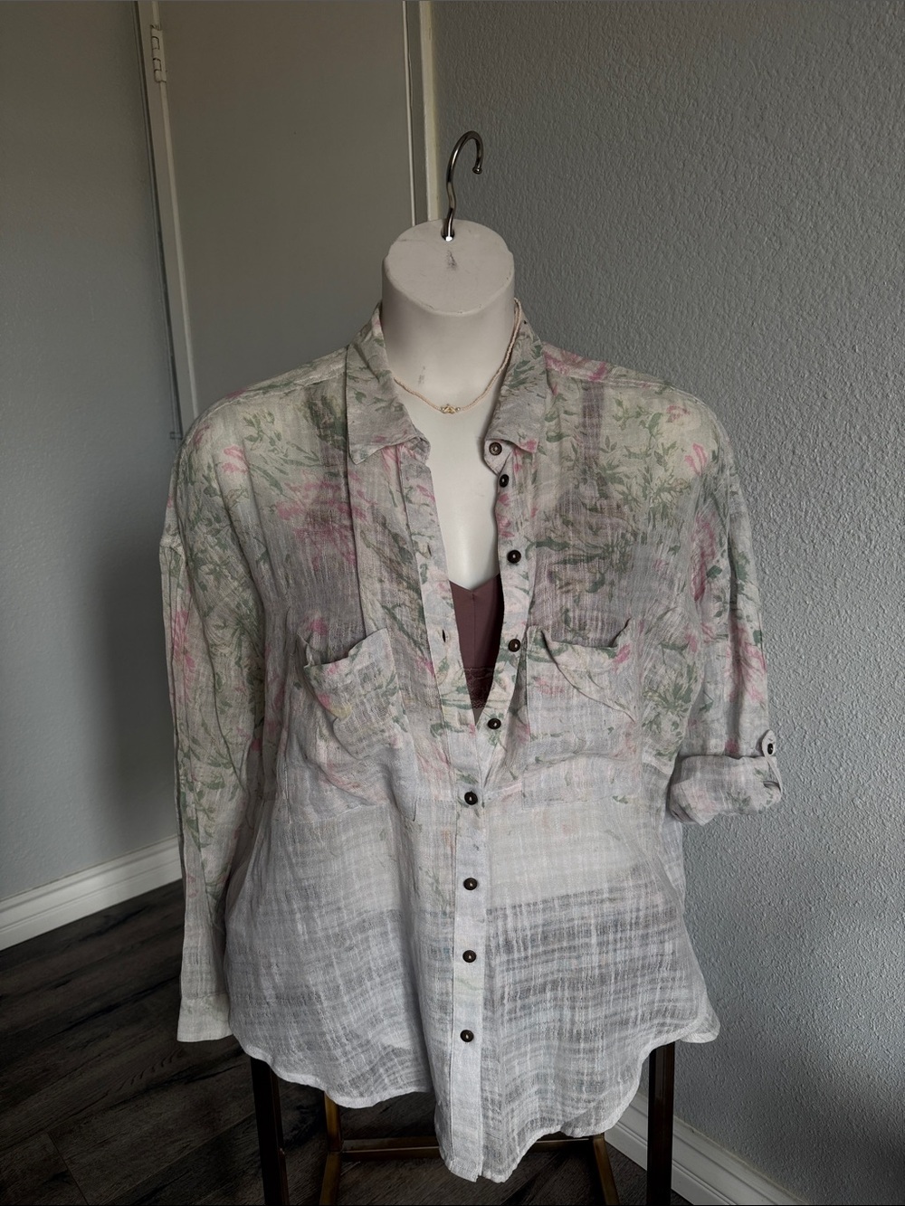 Free People Sheer Floral Button-Up Blouse in White and Pale Pink